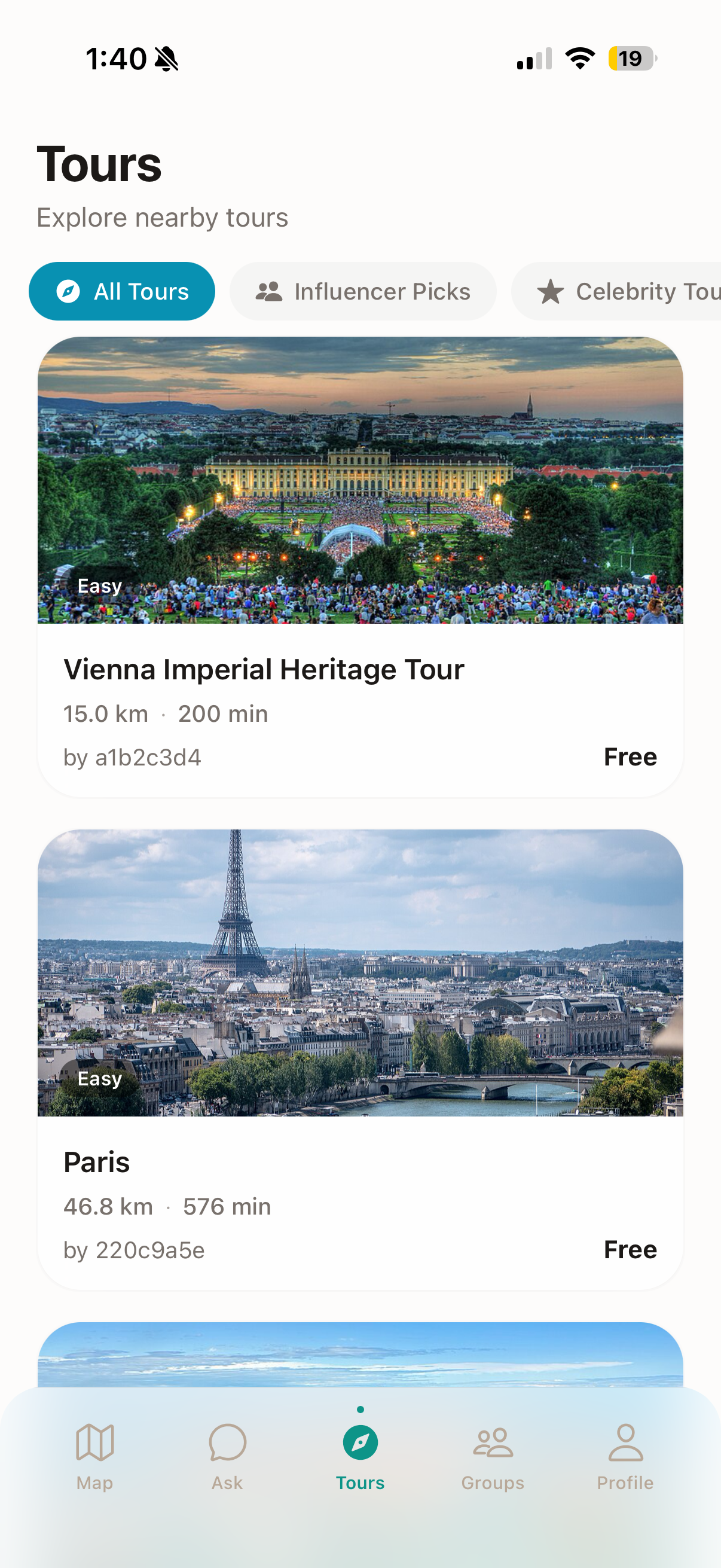 Wexplo guided tours list with cover photos and difficulty filters